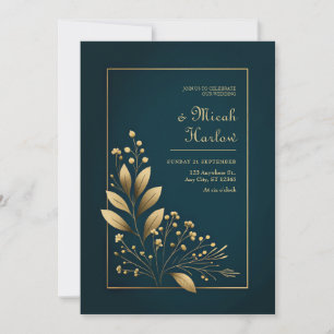 Convite Casamento Botânico Minimalista Azul Marinho e Dour