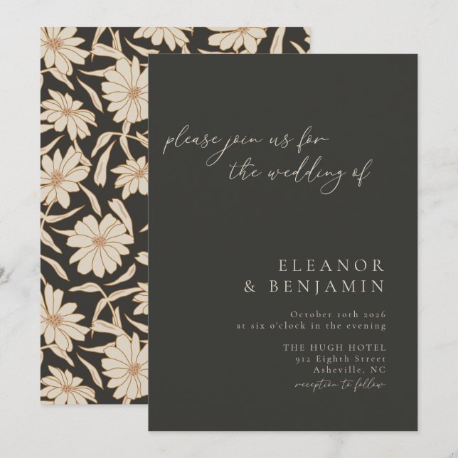 Convite Casamento Botânico Minimalista Boho Preto e Marfim (Frente/Verso)