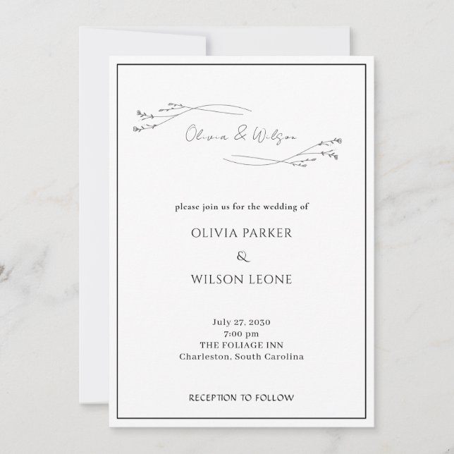 Convite Casamento Botânico Minimalista Elegante Branco (Frente)