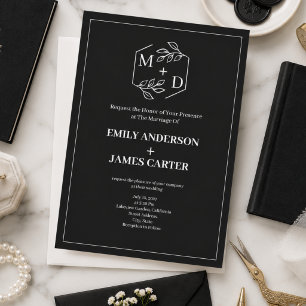 Convite Casamento Botânico Minimalista Monograma Preto e B