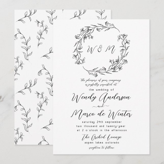 Convite Casamento Botânico Mínimo de Black and White Boho (Frente/Verso)