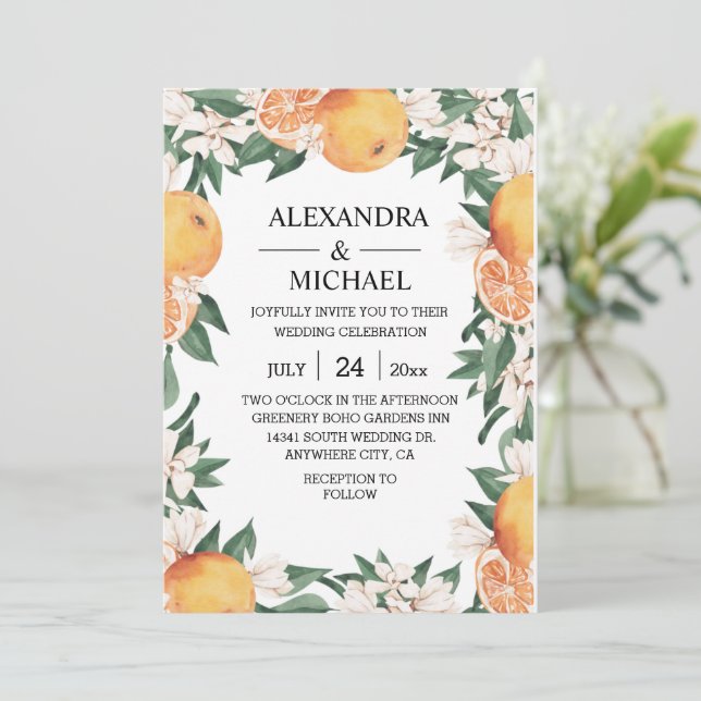 Convite Casamento Botânico Modern Watercolor Citrus Boho (Em pé/Frente)