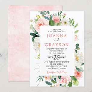 Convite Casamento Botânico Moderno de Florais Cor-de-Rosa