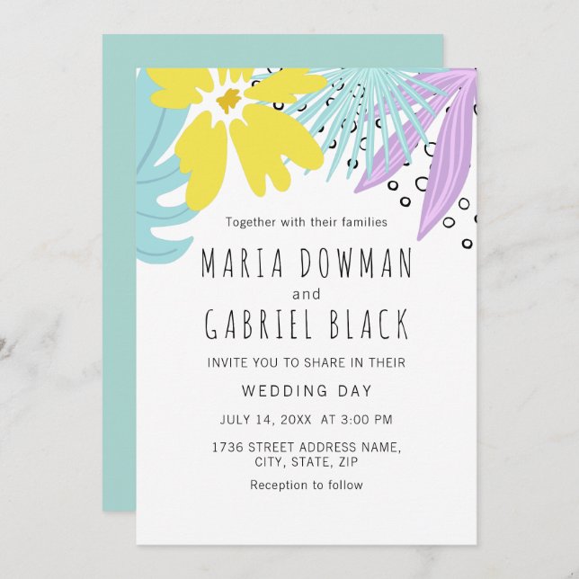 Convite Casamento botânico moderno de verão (Frente/Verso)