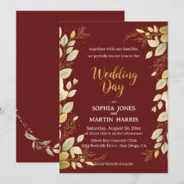Convite Casamento Botânico Moderno Elegante em Burgundy e