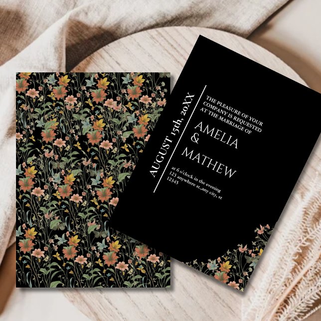 Convite Casamento Botânico Moderno Floral Negro Elegante (Criador carregado)
