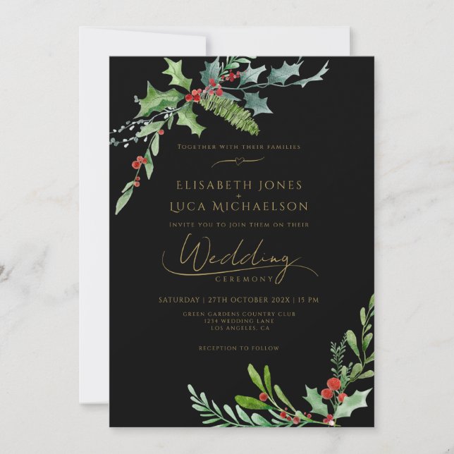 Convite Casamento Botânico Monograma Moody Dark Winter Ber (Frente)