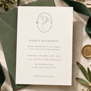 Convite Casamento Botânico Monograma Verde Esmeralda