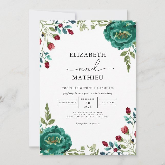 Convite Casamento Botânico Moody Teal Floral (Frente)