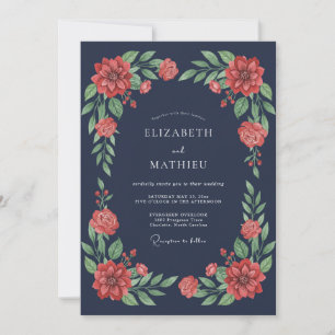 Convite Casamento Botânico Naval Azul Sombrio