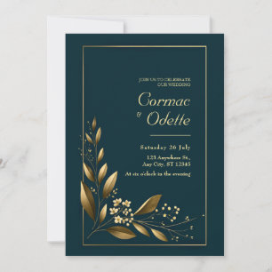Convite Casamento Botânico Navy Gold Leaf