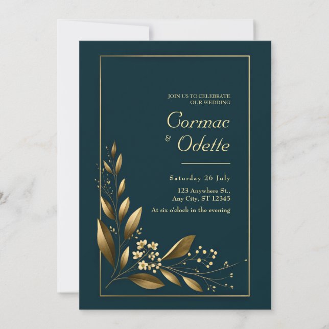 Convite Casamento Botânico Navy Gold Leaf (Frente)