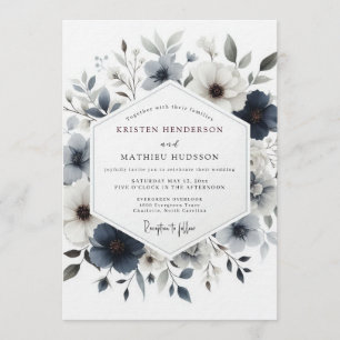 Convite Casamento Botânico Nebuloso Azul Ardesia