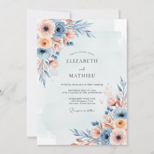 Convite Casamento Botânico Nebuloso Azul Empoeirado