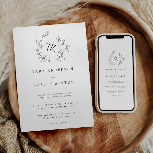 Convite Casamento Botânico Negro e Branco da Tipografia Mo (Criador carregado)