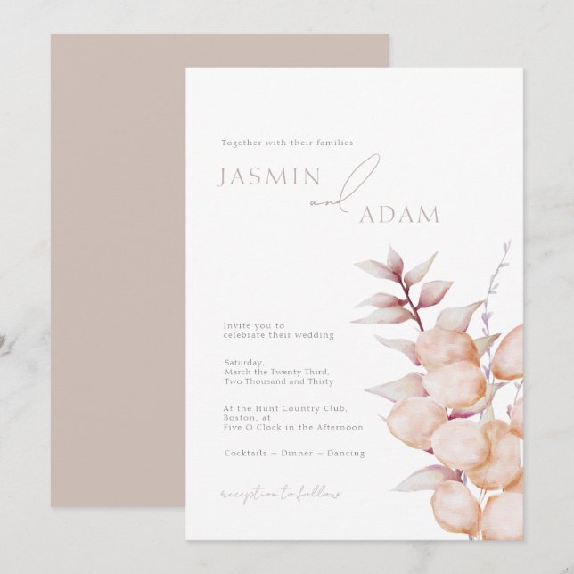 Convite Casamento Botânico Neutro Elegante (Frente/Verso)