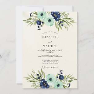 Convite Casamento Botânico Opulento em Azul-Marinho