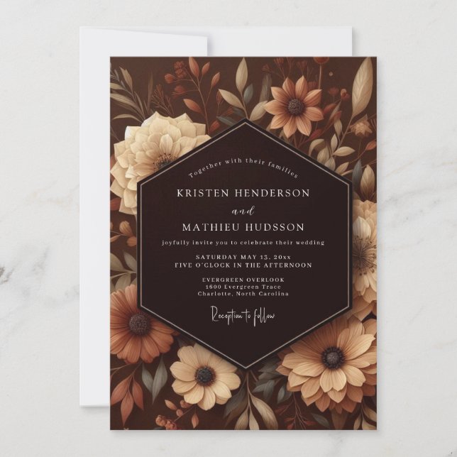 Convite Casamento Botânico Opulento Marrom (Frente)