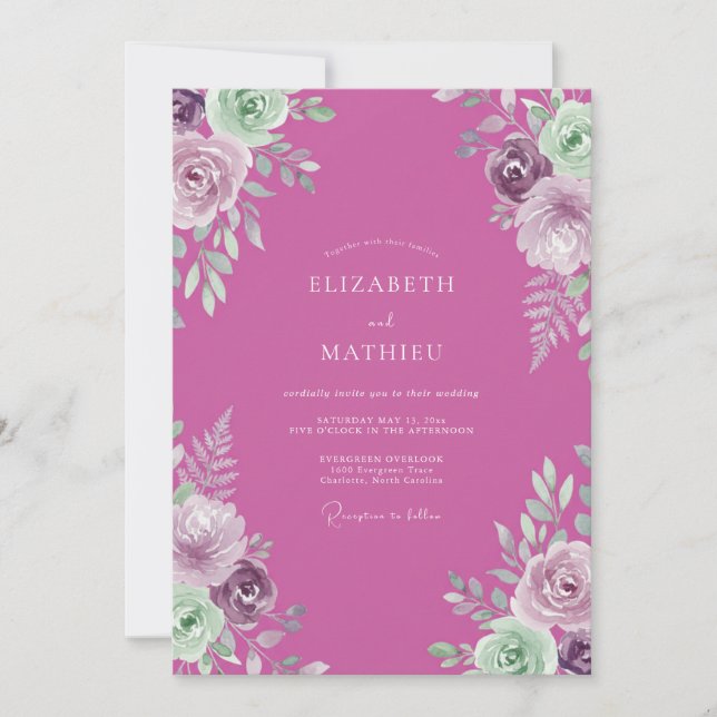 Convite Casamento Botânico Ornamentado em Fuchsia (Frente)