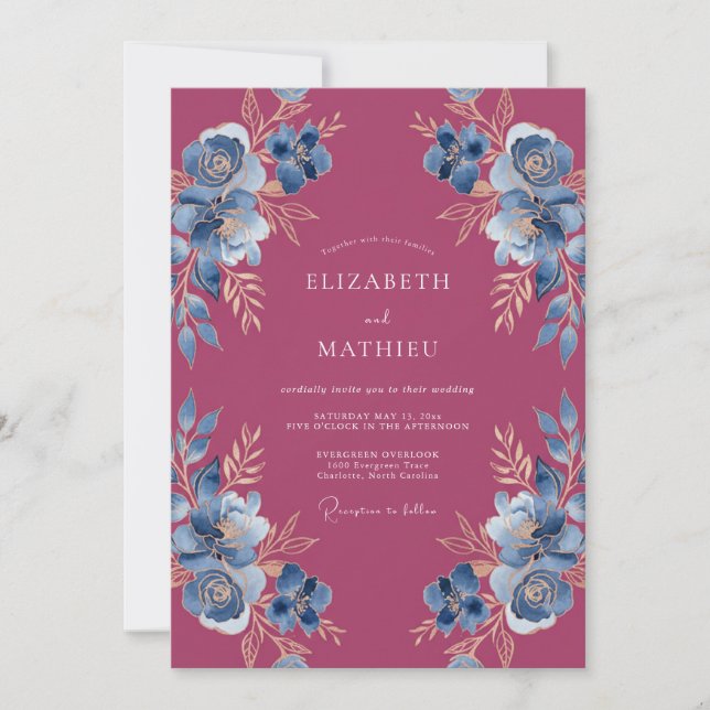 Convite Casamento Botânico Ornamentado Magenta (Frente)