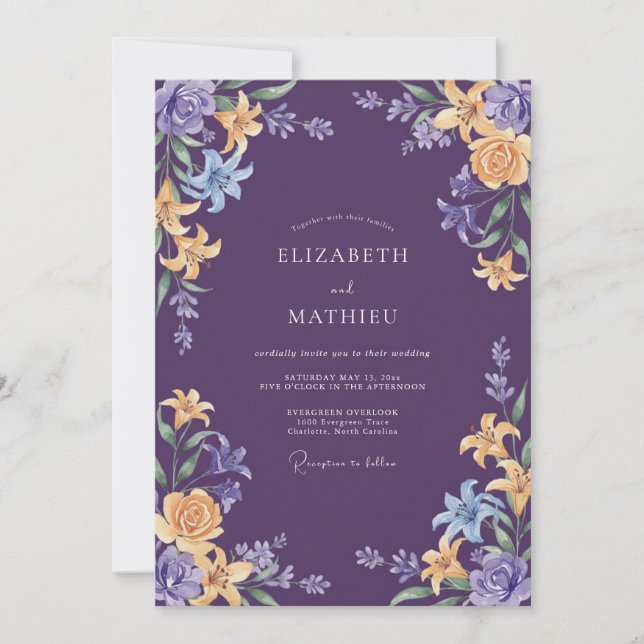 Convite Casamento Botânico Ornamentado Roxo Fundo (Frente)