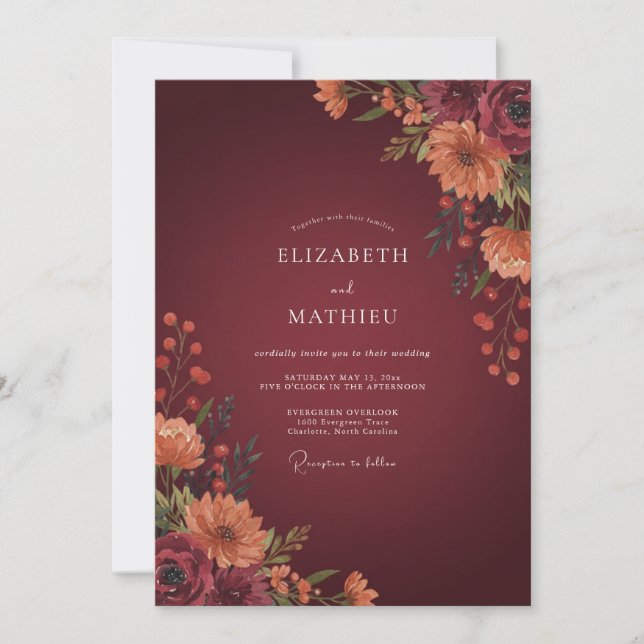Convite Casamento Botânico Outonal Borgonha (Frente)