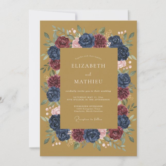 Convite Casamento Botânico Outonal Navy Rico (Frente)