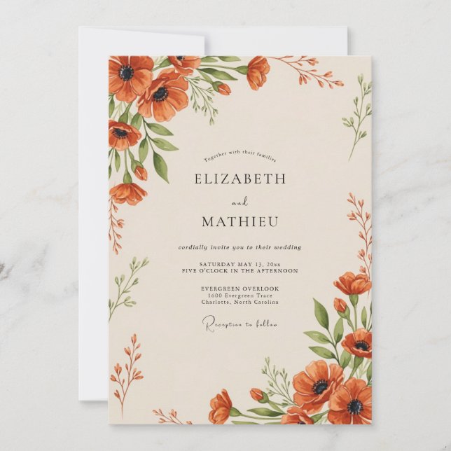 Convite Casamento Botânico Painterly Laranja (Frente)