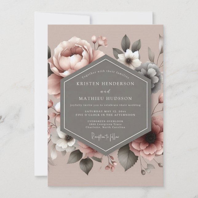 Convite Casamento Botânico Painterly Rosa Malva (Frente)