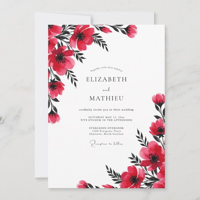 Convite Casamento Botânico Painterly Vermelho (Frente)