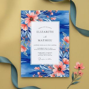 Convite Casamento Botânico Pintado Coral Azul