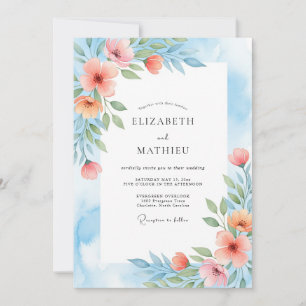 Convite Casamento Botânico Pintado em Azul Coral