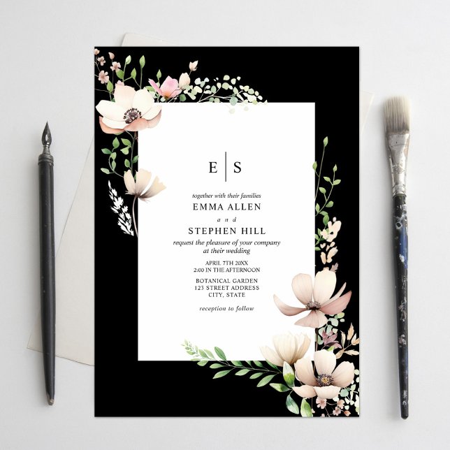Convite Casamento Botânico Preto com Blush Floral Monogram (Criador carregado)
