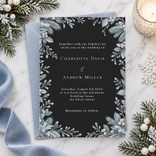 Convite Casamento Botânico Preto de Inverno Azul Gélido