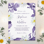 Convite Casamento Botânico Purple Iris Daisy Watercolor<br><div class="desc">Estes convites de casamento apresentam flores de íris de cor-d-água roxa e margaridas brancas. Personalize-os com o seu texto. Estoque de casamento também disponível.</div>