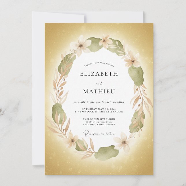 Convite Casamento Botânico Radiante Amarelo Dourado (Frente)
