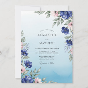 Convite Casamento Botânico Radiante Azul Cobalto