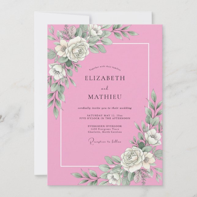Convite Casamento Botânico Radiante Rosa Doce (Frente)