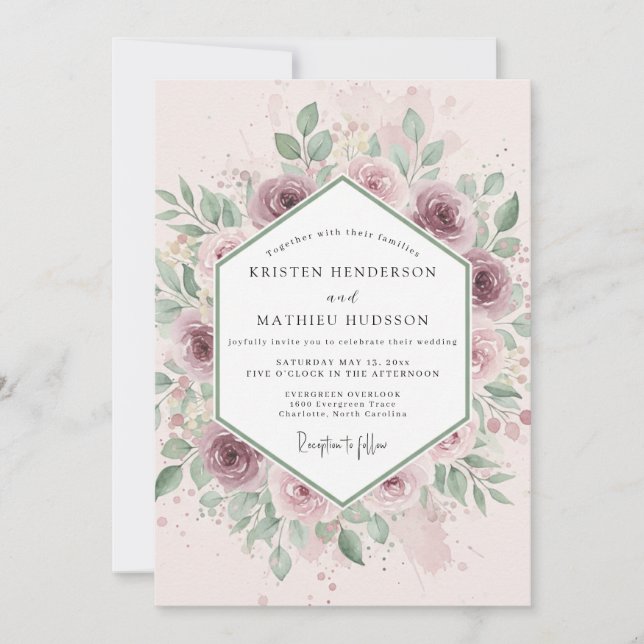 Convite Casamento Botânico Radiante Rosa Empoeirado (Frente)