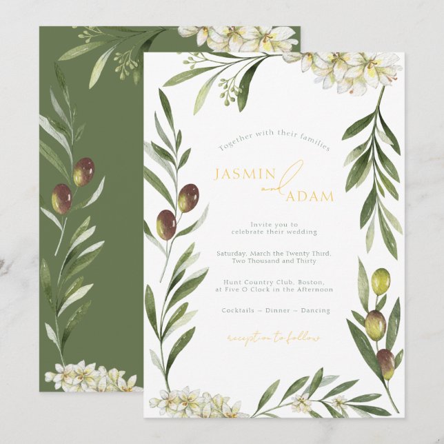 Convite Casamento Botânico Ramo de Oliveira Elegante (Frente/Verso)