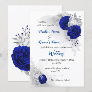 Convite casamento botânico real com flores azuis e pratead