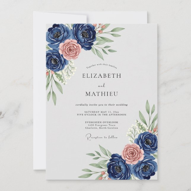 Convite Casamento Botânico Refinado Azul Marinho (Frente)