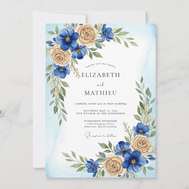 Convite Casamento Botânico Refinado Azul Real (Frente)