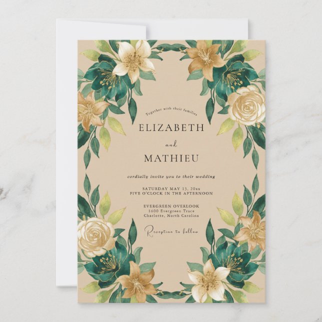 Convite Casamento Botânico Refinado Esmeralda Verde (Frente)