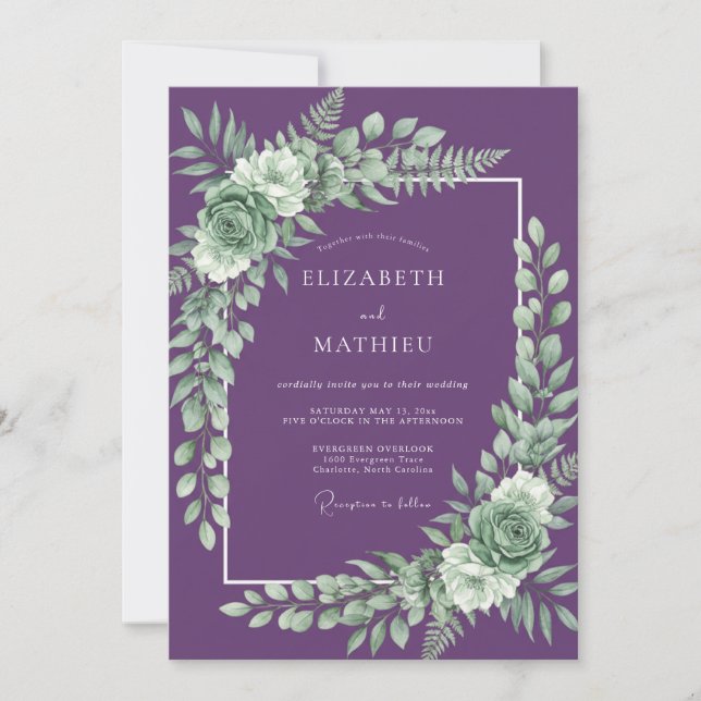 Convite Casamento Botânico Refinado Roxo (Frente)