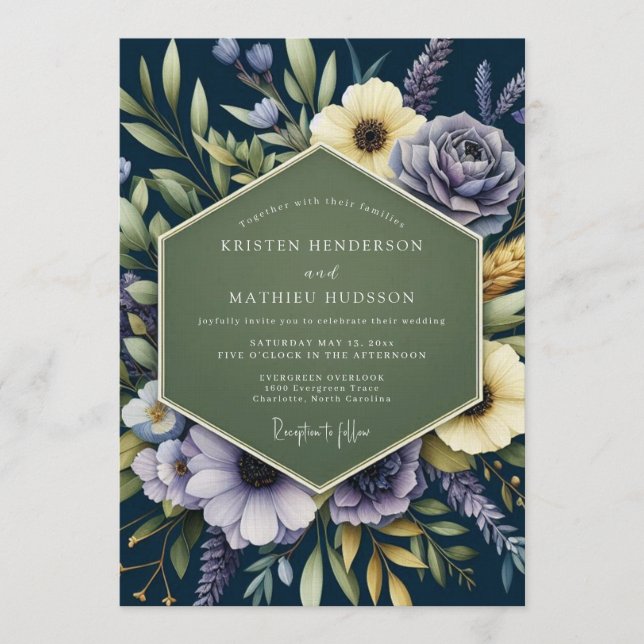 Convite Casamento Botânico Régio Azul Naval (Frente)