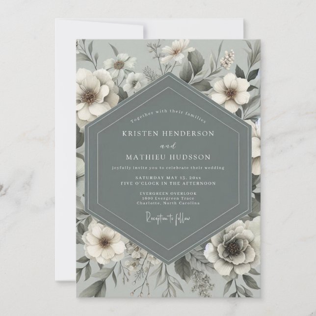 Convite Casamento Botânico Romance Azul Ardesia (Frente)