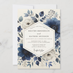 Convite Casamento Botânico Romance Azul Profundo