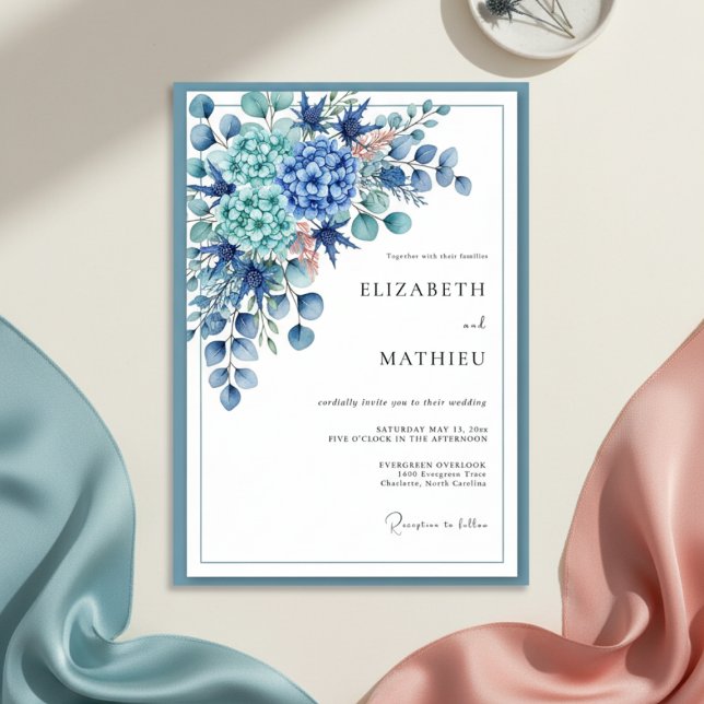 Convite Casamento Botânico Romance Azul Real (Criador carregado)