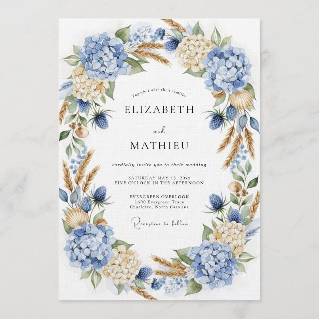 Convite Casamento Botânico Romance de Hortênsia Azul (Frente)